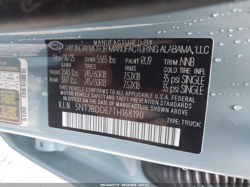 2026 Hyundai Santa Cruz Sel VIN: 5NTJBDDE7TH168190 Lot: 45441775