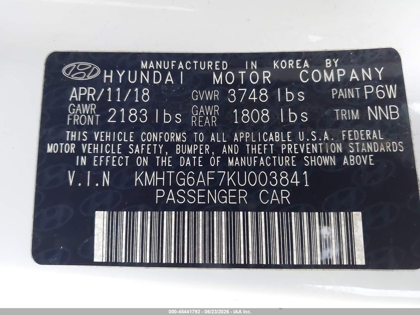 2019 Hyundai Veloster 2.0/2.0 Premium VIN: KMHTG6AF7KU003841 Lot: 45441792