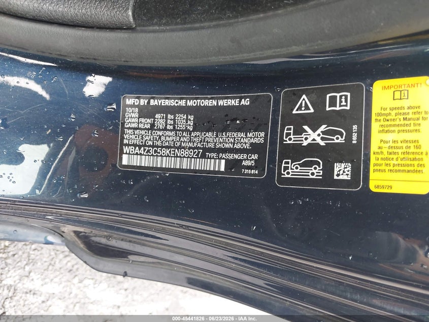 2019 BMW 430I xDrive VIN: WBA4Z3C58KEN88927 Lot: 45441826