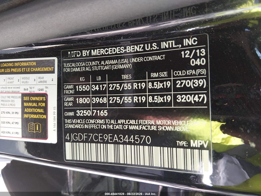 2014 Mercedes-Benz Gl 450 4Matic VIN: 4JGDF7CE9EA344570 Lot: 45441828