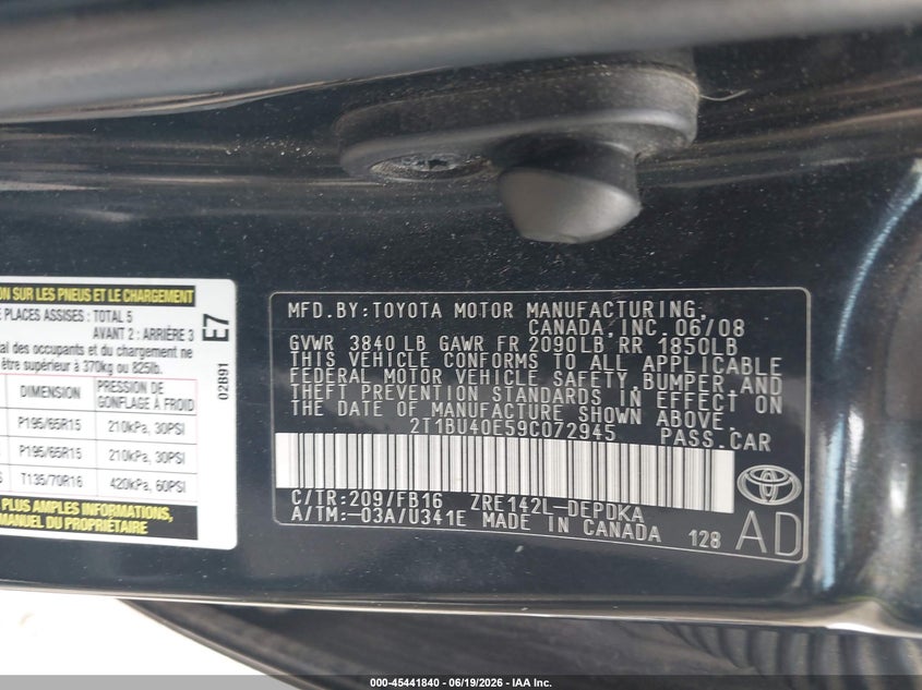2009 Toyota Corolla Le VIN: 2T1BU40E59C072945 Lot: 45441840