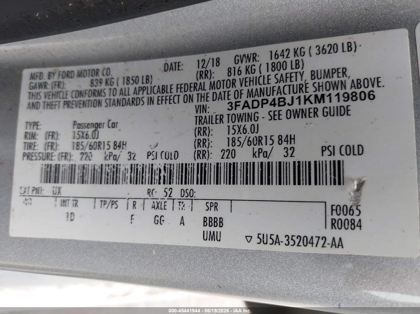 2019 Ford Fiesta Se VIN: 3FADP4BJ1KM119806 Lot: 45441944