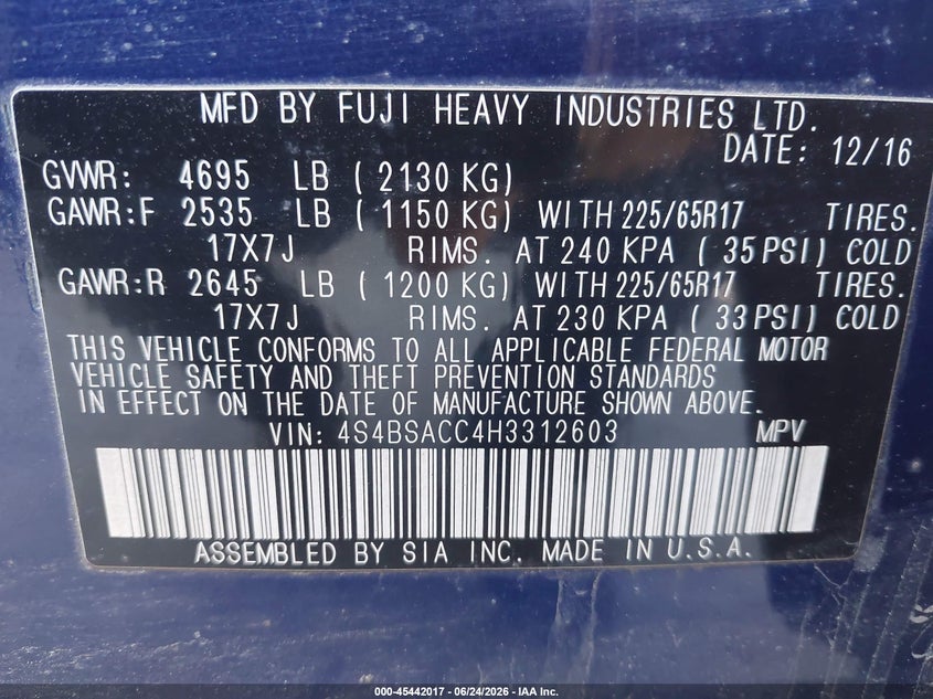 2017 SUBARU OUTBACK SPORT UTILITY VEHICLE 2.5L H-4 DOHC, VVT, 175HP