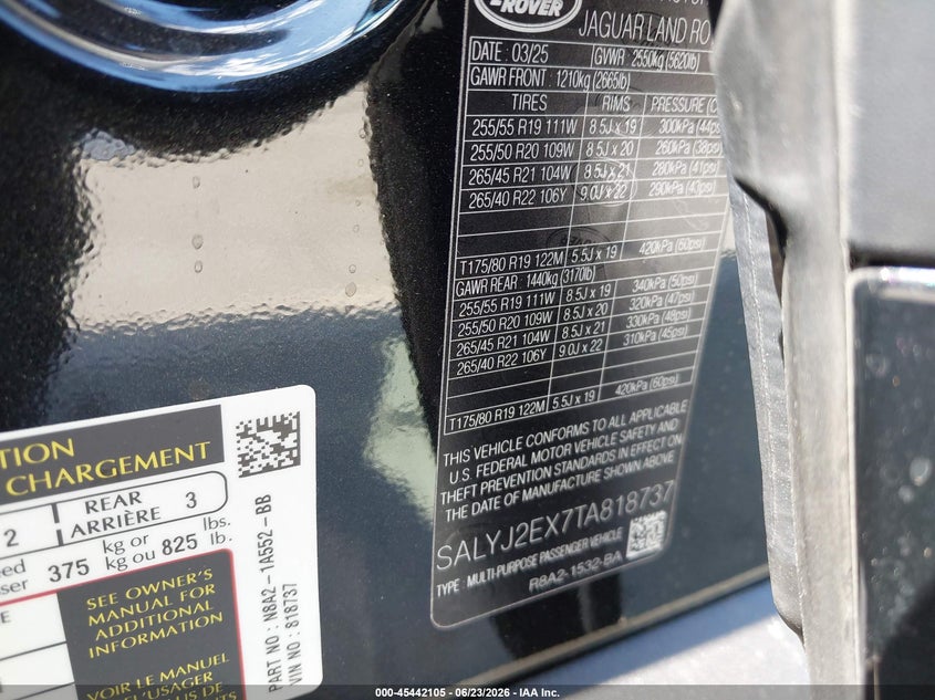 2026 Land Rover Range Rover Velar S VIN: SALYJ2EX7TA818737 Lot: 45442105