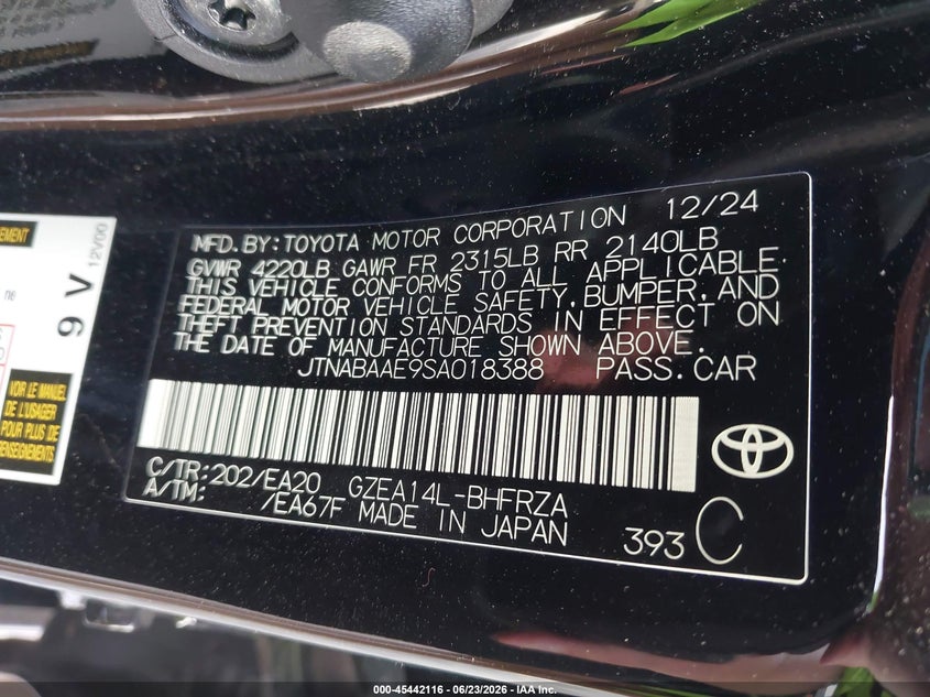 TOYOTA GR COROLLA 2025 VIN JTNABAAE9SA018388