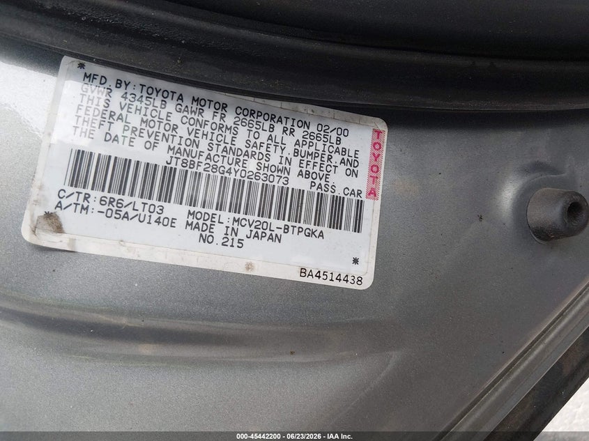 LEXUS ES 300 2000 VIN JT8BF28G4Y0263073