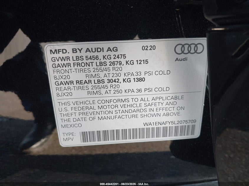 2020 Audi Q5 Titanium Premium Plus 45 Tfsi Quattro S Tronic VIN: WA1ENAFY5L2075709 Lot: 45442201