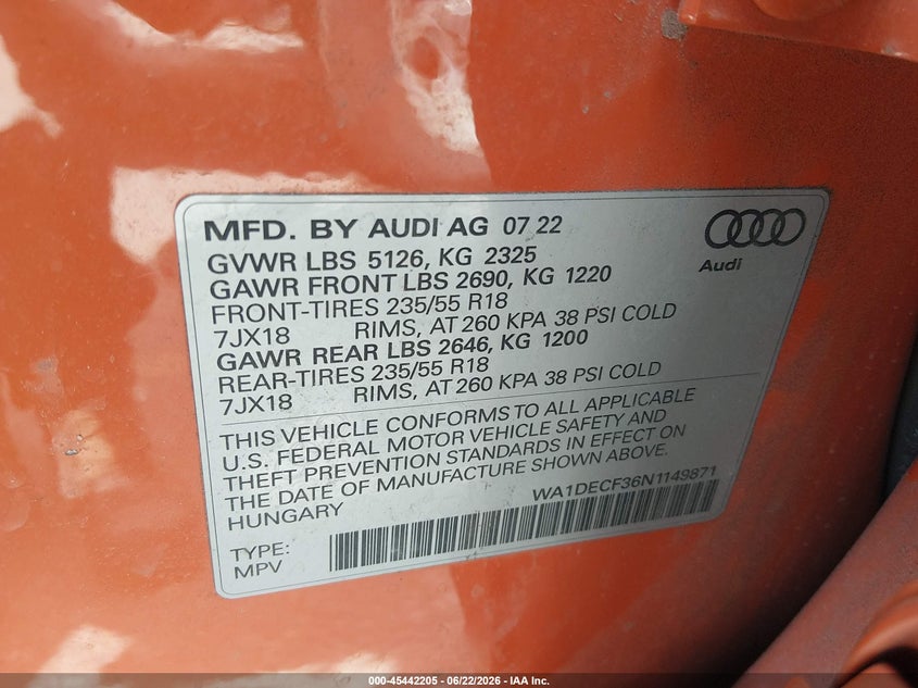 2022 Audi Q3 Premium 45 Tfsi S Line Quattro Tiptronic VIN: WA1DECF36N1149871 Lot: 45442205