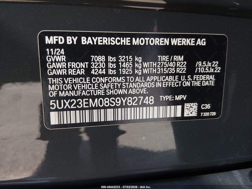 2025 BMW X7 xDrive40I VIN: 5UX23EM08S9Y82748 Lot: 45442233