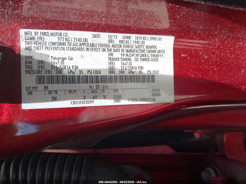 2014 Ford Focus Se VIN: 1FADP3F28EL190911 Lot: 45442302