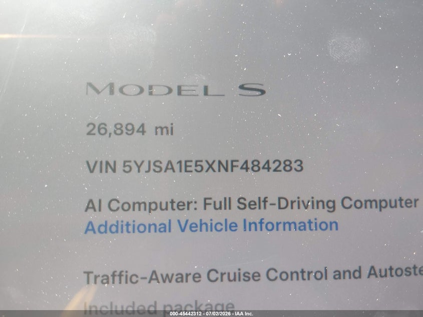 2022 Tesla Model S Dual Motor All-Wheel Drive VIN: 5YJSA1E5XNF484283 Lot: 45442312