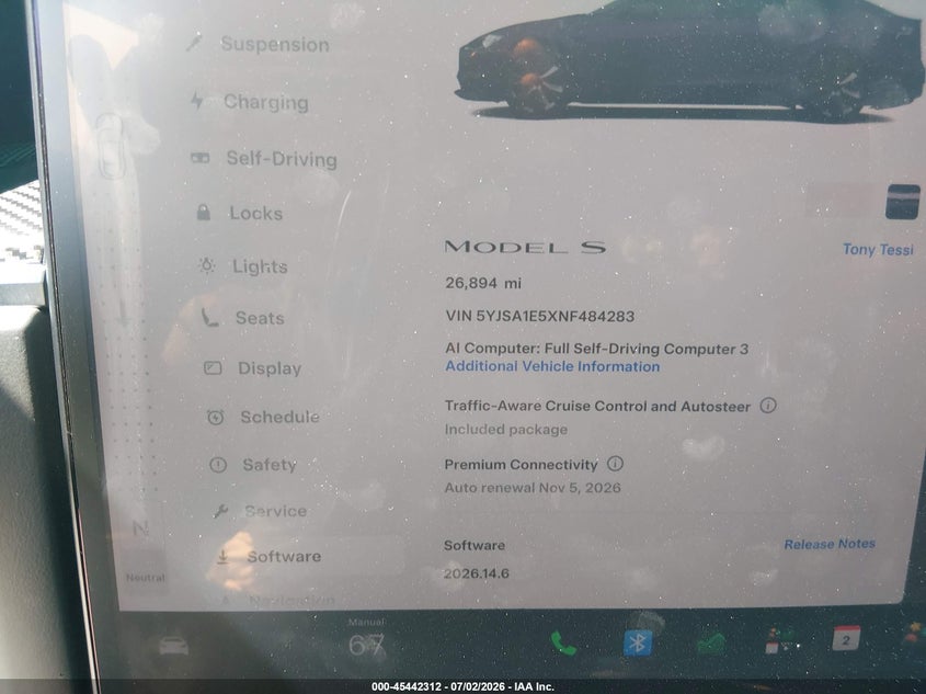 2022 Tesla Model S Dual Motor All-Wheel Drive VIN: 5YJSA1E5XNF484283 Lot: 45442312