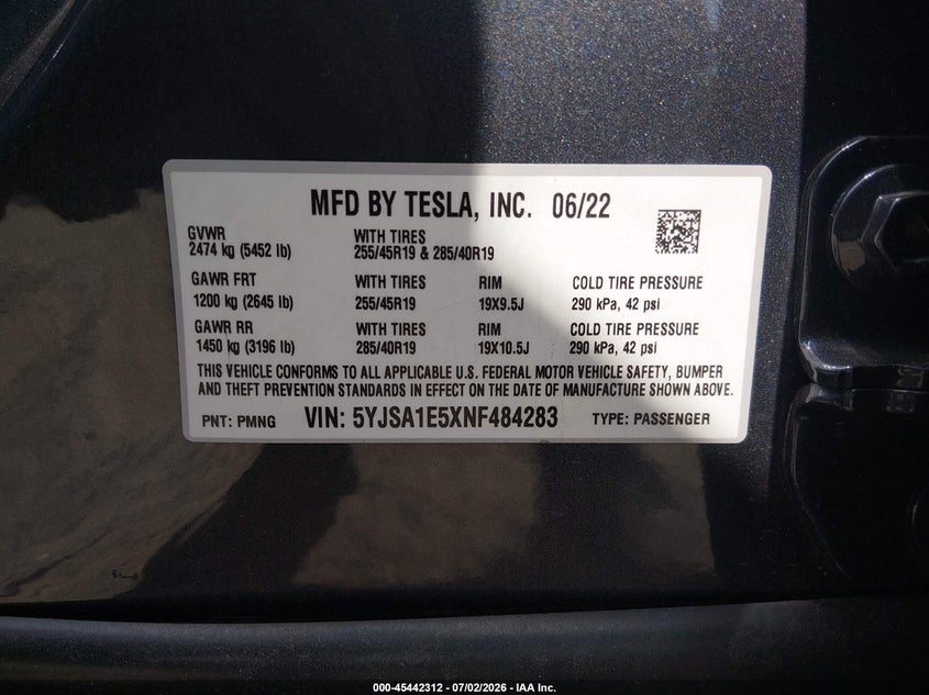 2022 Tesla Model S Dual Motor All-Wheel Drive VIN: 5YJSA1E5XNF484283 Lot: 45442312