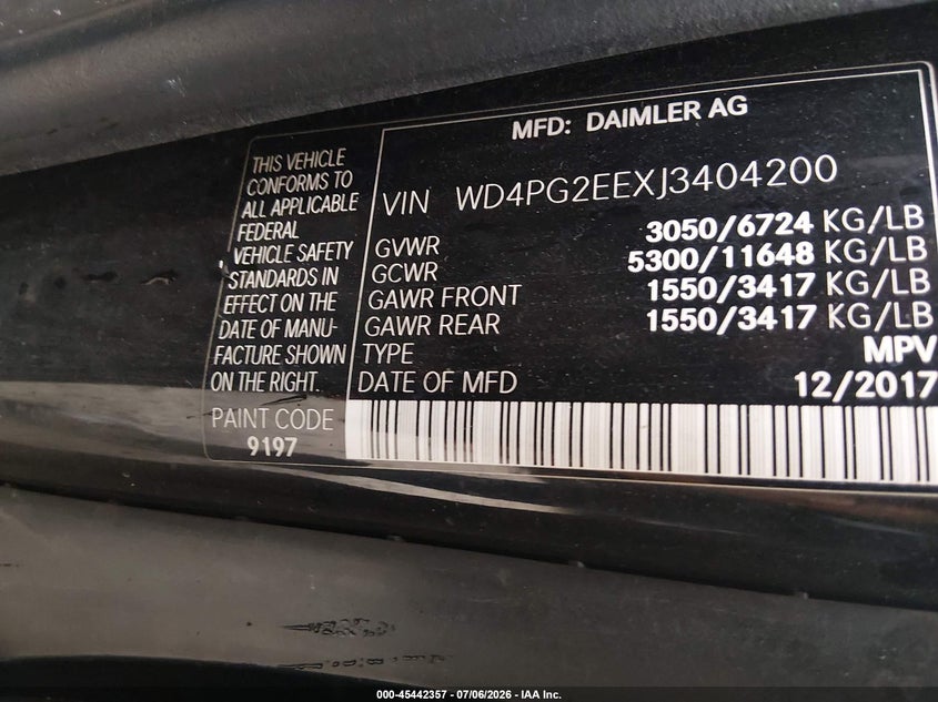 2018 Mercedes-Benz Metris VIN: WD4PG2EEXJ3404200 Lot: 45442357