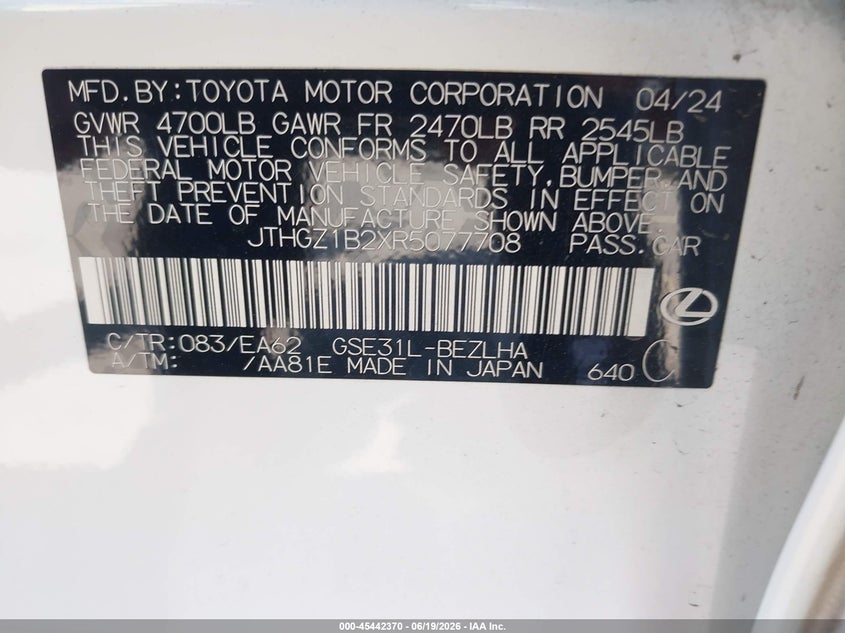 2024 Lexus Is 350 F Sport VIN: JTHGZ1B2XR5077708 Lot: 45442370