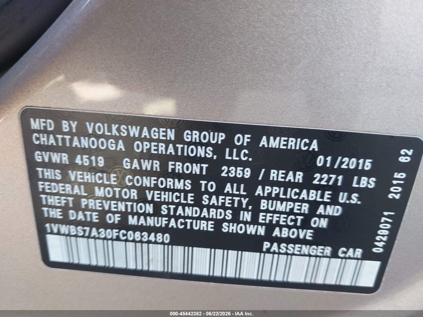 2015 VOLKSWAGEN PASSAT SEDAN 1.8L I-4 DI, DOHC, VVT, TURBO, 170HP