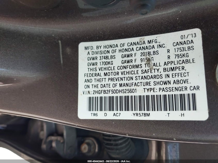 2013 HONDA CIVIC SEDAN 1.8L I-4 VVT, 140HP