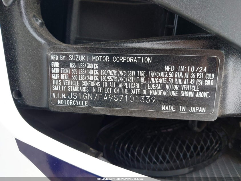 2025 Suzuki Gsx-R600 VIN: JS1GN7FA9S7101339 Lot: 45442461