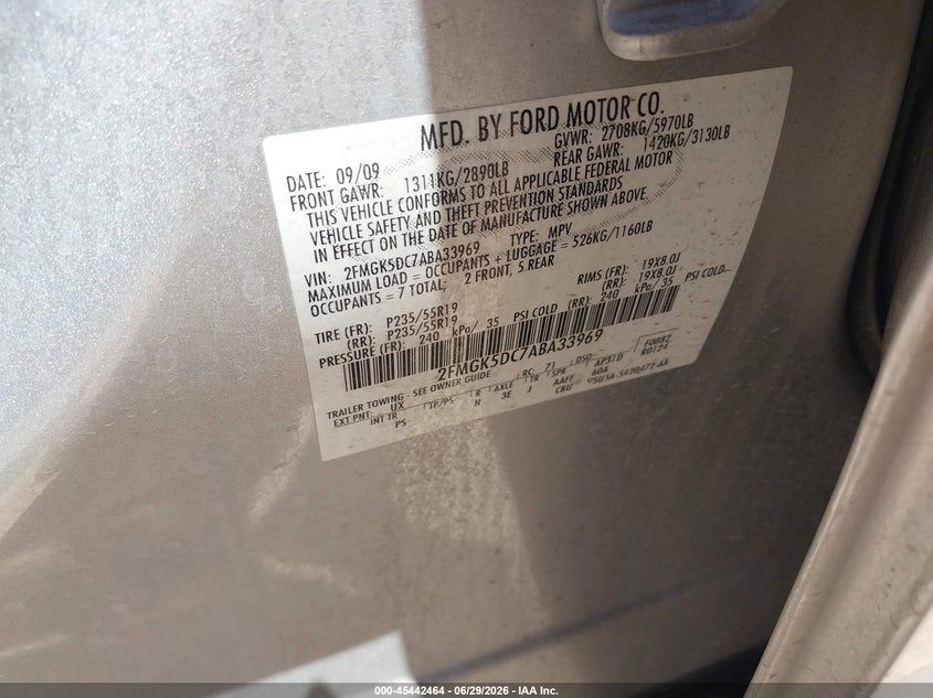 2010 Ford Flex Limited VIN: 2FMGK5DC7ABA33969 Lot: 45442464