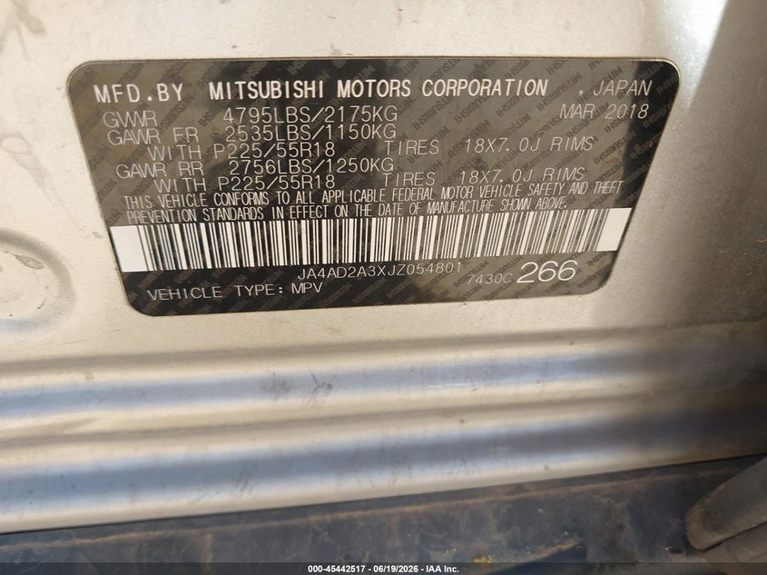 2018 Mitsubishi Outlander Es VIN: JA4AD2A3XJZ054801 Lot: 45442517