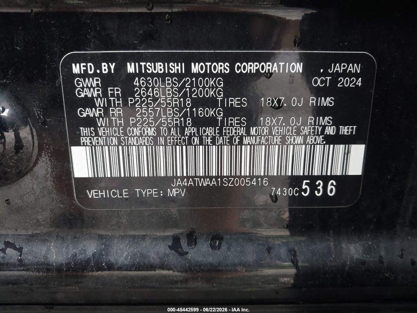 2025 Mitsubishi Eclipse Cross Se S-Awc VIN: JA4ATWAA1SZ005416 Lot: 45442599