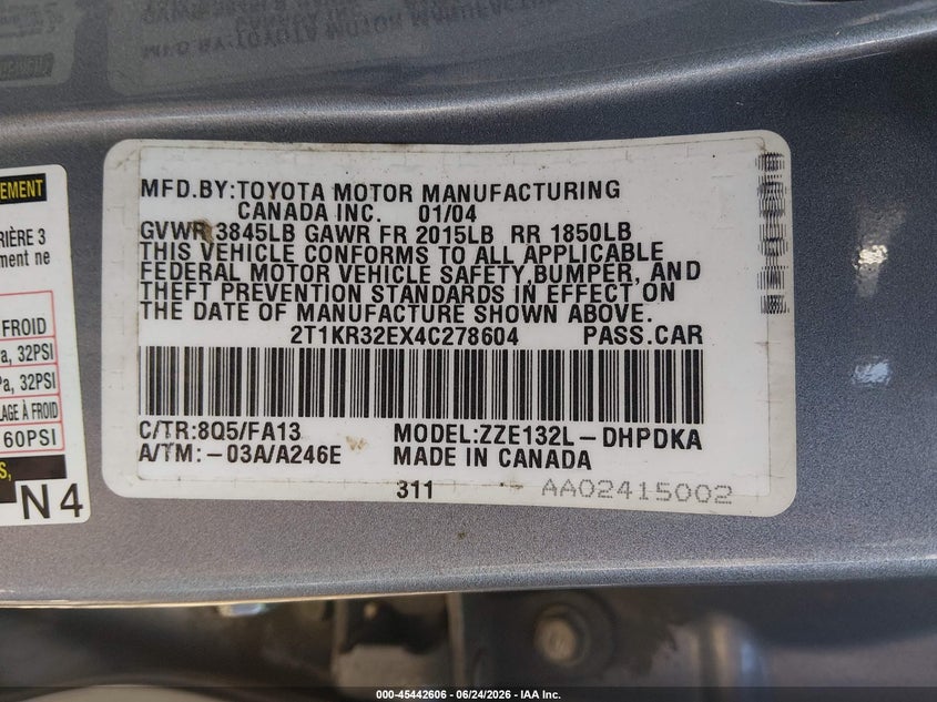 2004 Toyota Matrix Standard VIN: 2T1KR32EX4C278604 Lot: 45442606