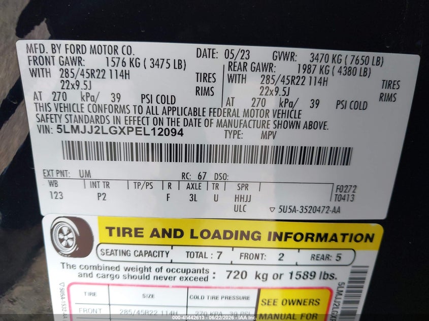 2023 Lincoln Navigator Reserve VIN: 5LMJJ2LGXPEL12094 Lot: 45442613