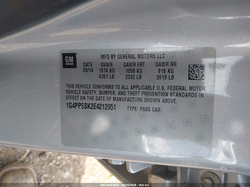 2014 Buick Verano VIN: 1G4PP5SK2E4212951 Lot: 45442642