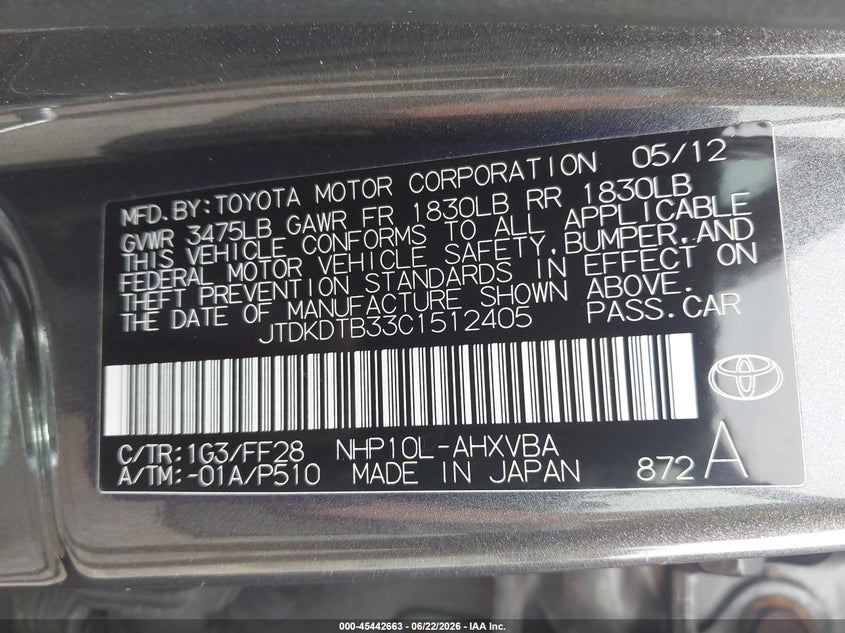 2012 Toyota Prius C Two VIN: JTDKDTB33C1512405 Lot: 45442663