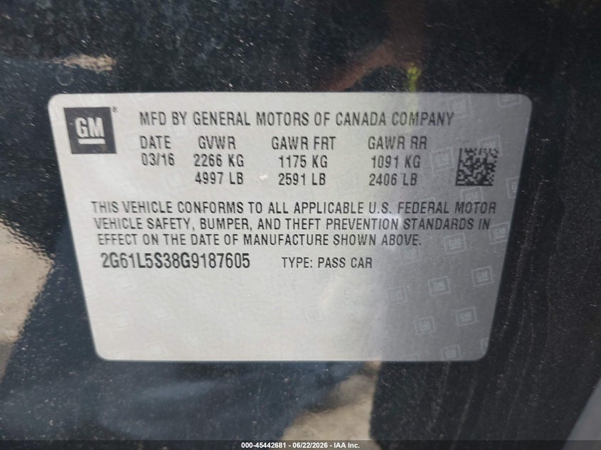 2016 Cadillac Xts Standard VIN: 2G61L5S38G9187605 Lot: 45442681