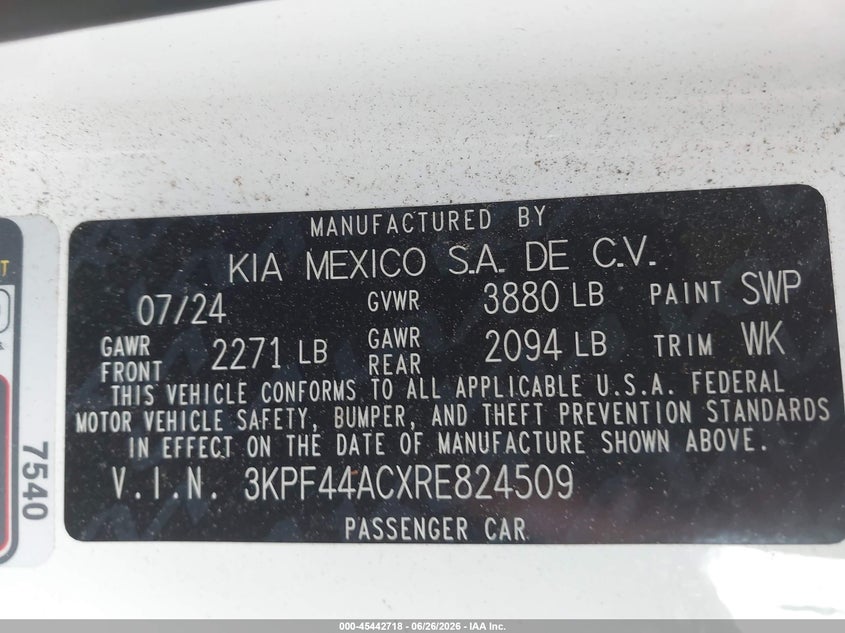 KIA FORTE 2024 VIN 3KPF44ACXRE824509