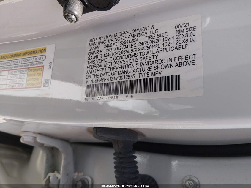 2021 Honda Passport 2Wd Sport VIN: 5FNYF7H21MB012875 Lot: 45442726
