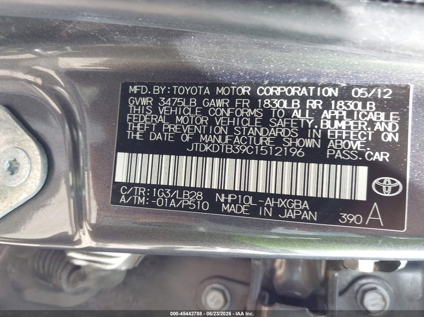 2012 Toyota Prius C Four VIN: JTDKDTB39C1512196 Lot: 45442788
