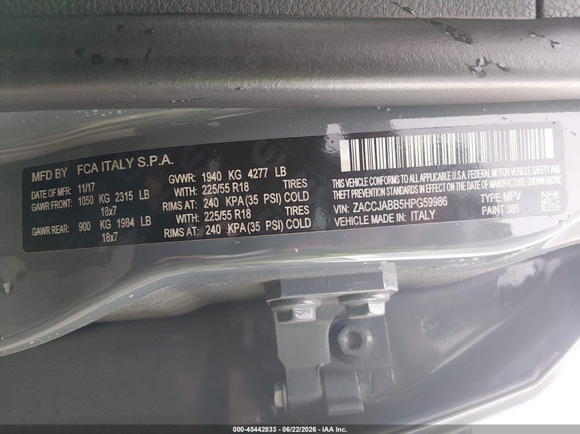 JEEP RENEGADE 2017 VIN ZACCJABB5HPG59986