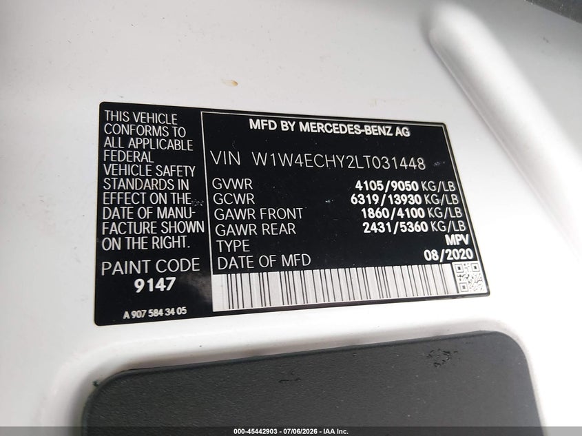 2020 Mercedes-Benz Sprinter 2500 High Roof V6 VIN: W1W4ECHY2LT031448 Lot: 45442903
