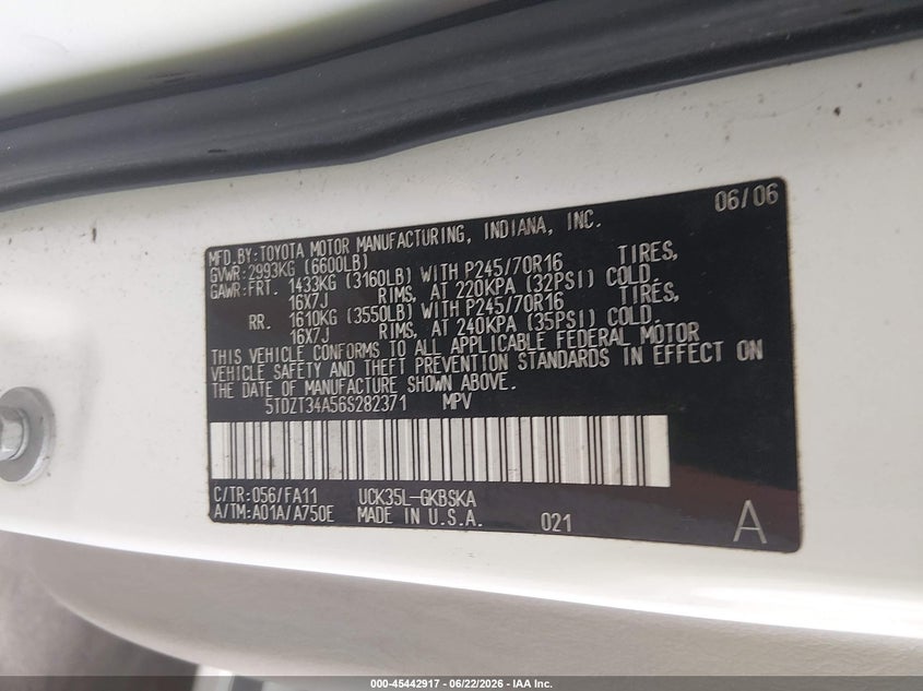 2006 Toyota Sequoia Sr5 V8 VIN: 5TDZT34A56S282371 Lot: 45442917