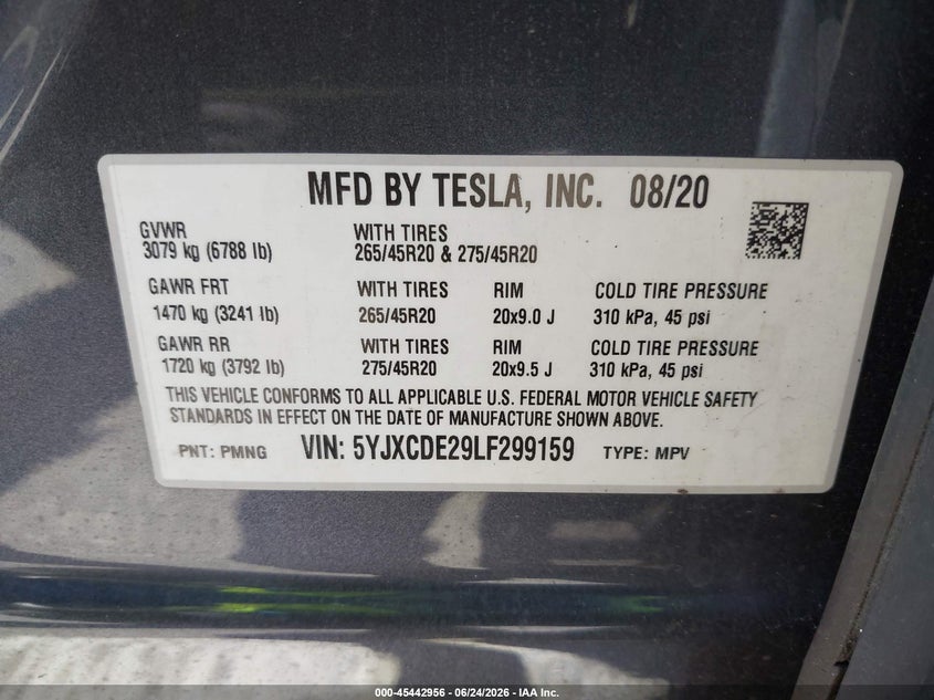 2020 Tesla Model X Long Range Dual Motor All-Wheel Drive/Long Range Plus Dual Motor All-Wheel Drive VIN: 5YJXCDE29LF299159 Lot: 45442956