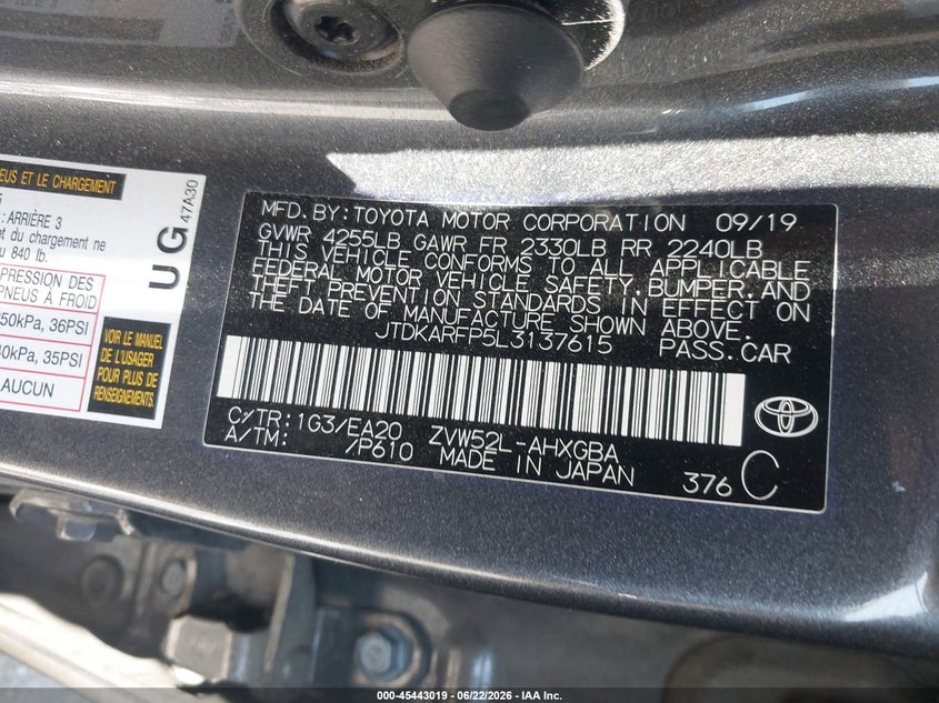 TOYOTA PRIUS PRIME 2020 VIN JTDKARFP5L3137615