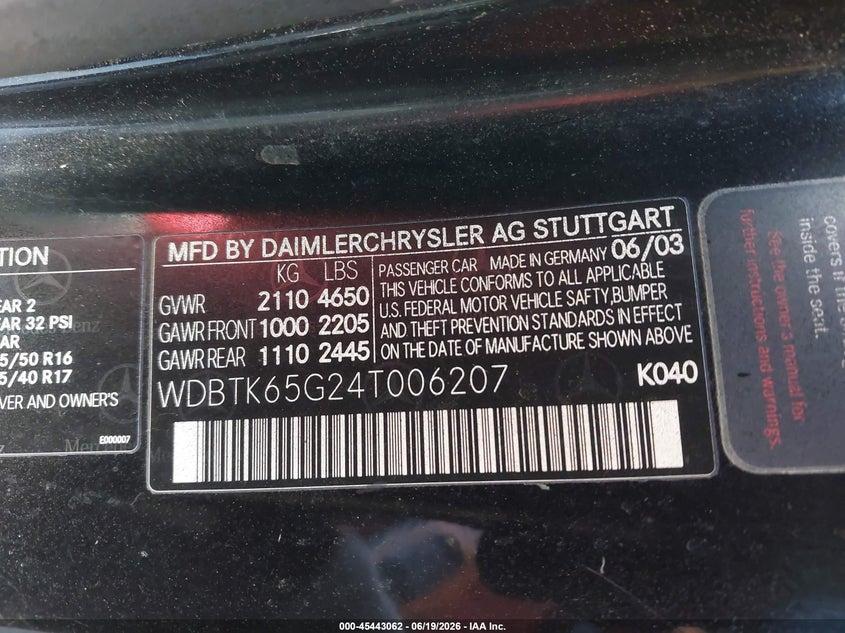 2004 Mercedes-Benz Clk 320 VIN: WDBTK65G24T006207 Lot: 45443062