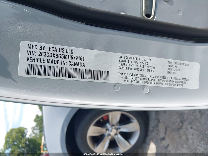 2021 Dodge Charger Sxt Rwd VIN: 2C3CDXBG5MH679161 Lot: 45443153