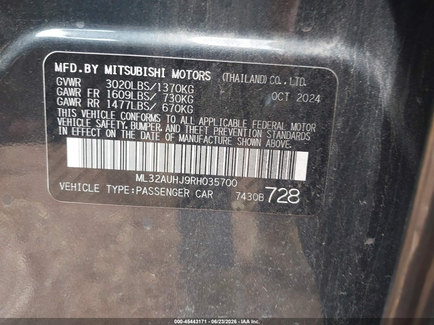 MITSUBISHI MIRAGE 2024 VIN ML32AUHJ9RH035700