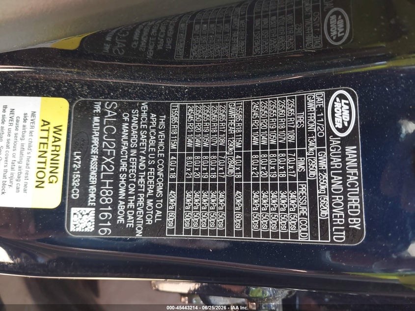 2020 Land Rover Discovery Sport S VIN: SALCJ2FX2LH881616 Lot: 45443214