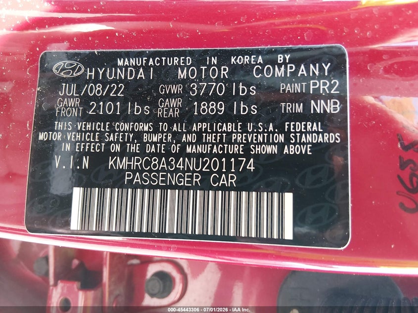 2022 Hyundai Venue Sel VIN: KMHRC8A34NU201174 Lot: 45443306
