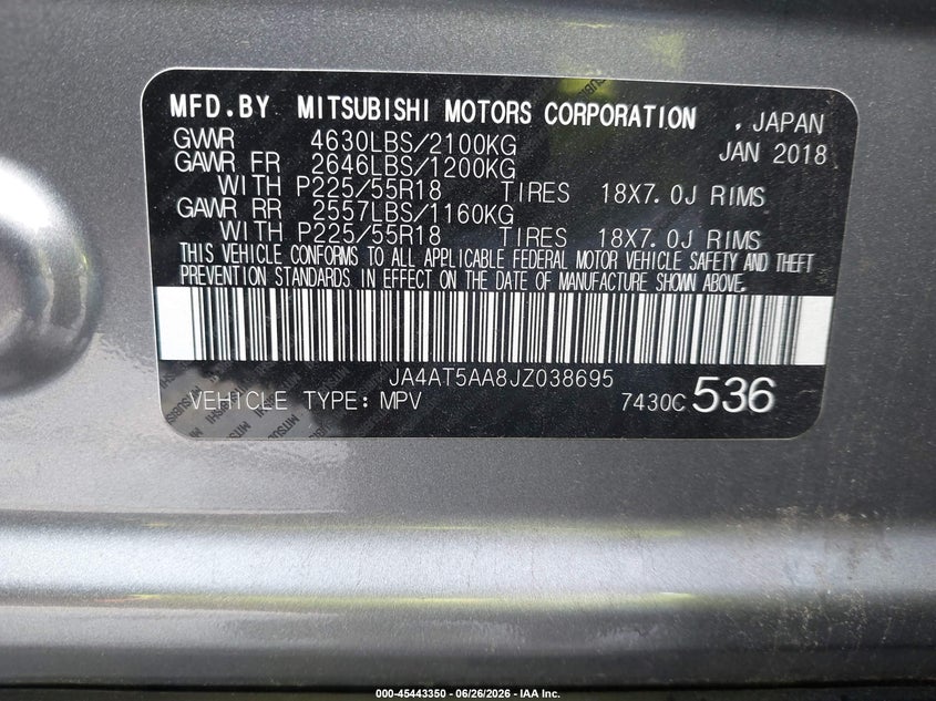 2018 Mitsubishi Eclipse Cross Se VIN: JA4AT5AA8JZ038695 Lot: 45443350