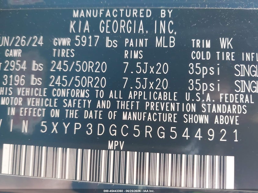 2024 Kia Telluride Ex X-Line VIN: 5XYP3DGC5RG544921 Lot: 45443360