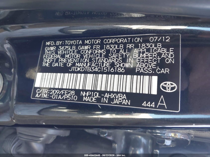 2012 Toyota Prius C One VIN: JTDKDTB34C1516186 Lot: 45443448