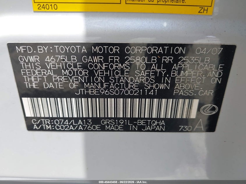 2007 Lexus Gs 350 VIN: JTHBE96S070021141 Lot: 45443458