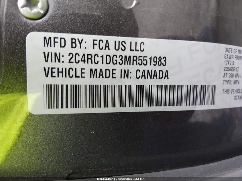 2021 Chrysler Voyager Lxi VIN: 2C4RC1DG3MR551983 Lot: 45443514