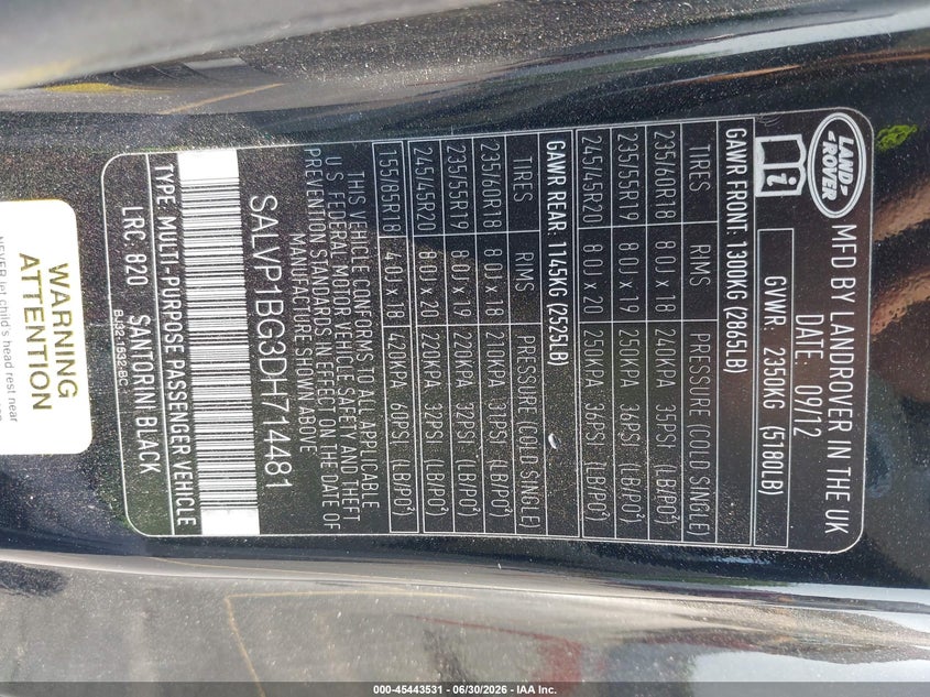 2013 Land Rover Range Rover Evoque Pure Plus VIN: SALVP1BG3DH714481 Lot: 45443531