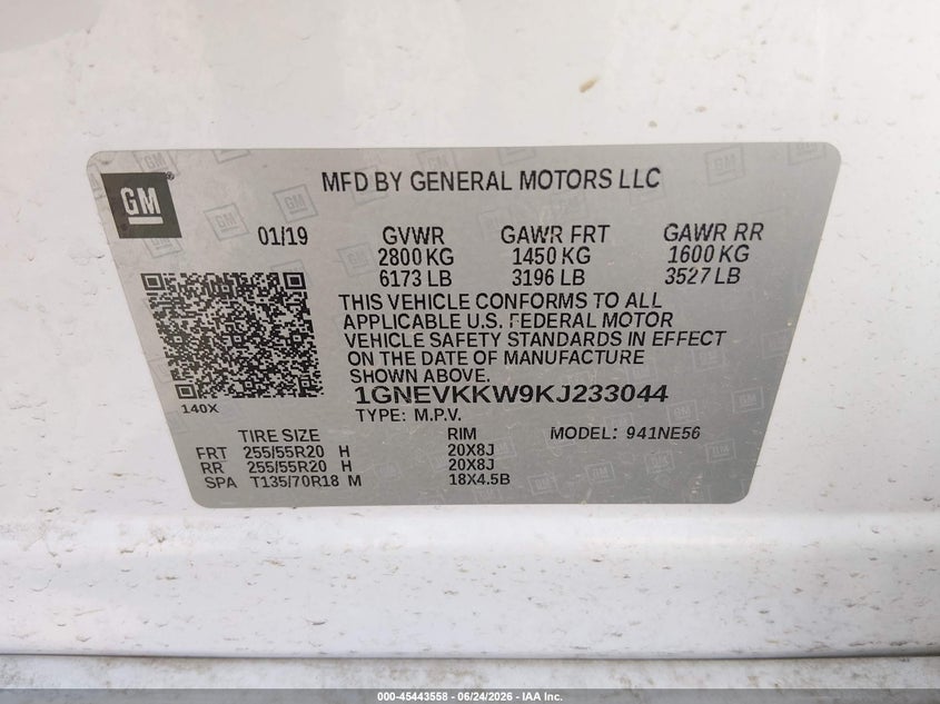 CHEVROLET TRAVERSE 2019 VIN 1GNEVKKW9KJ233044